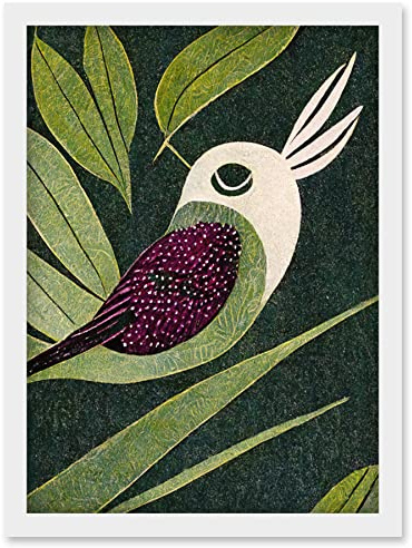 Doppelganger33 LTD Vintage Linocut Illustration Small Bird With Plant Leaves Artwork Framed Wall Art Print A4