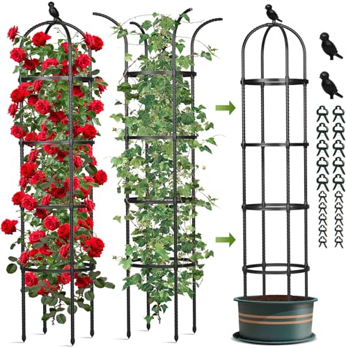 Obelisk-Rankhilfe für Kletterpflanzen im Freien, 1.8 m hoch, Tomaten, Rose, Blumen, Trauben, Erbsen, Gurkenspalt, rostfrei, Pflanzenstützgitter für Topfpflanzen, 2 Stück