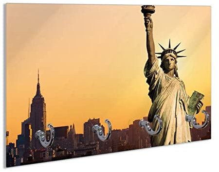 Wallario Schlüsselbrett aus Glas 30 x 20 cm, Wand Schlüsselhalter mit 4 Haken, Motiv: Freiheitsstatue New York