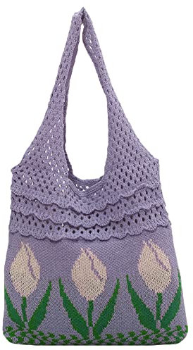 Anopo Frauen Gehäkelt Tragetasche Ästhetisch Fee Hobo Tasche Blume Umhängetasche Mesh Strandtasche Sommer Zubehör Lila