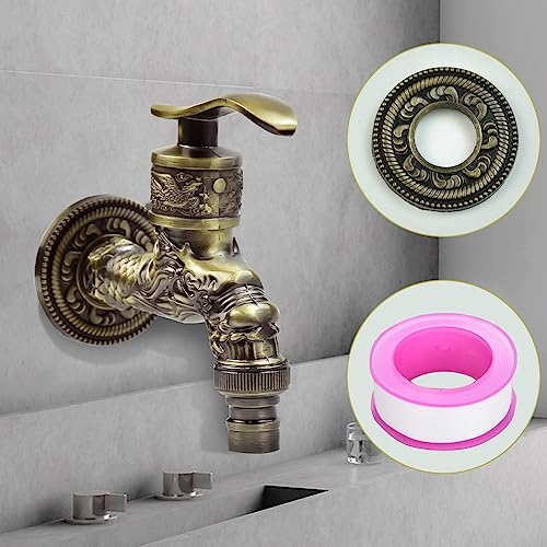 Kleemeiero Vintage Wasserhahn 1/2 Zoll Antik Messing Wasserhahn Garten Wand Wasserhahn Zinklegierung Waschmaschine Wasserhahn Drache Geschnitzt Wasserhahn mit Klempnerband für zu Hause Küche Garten