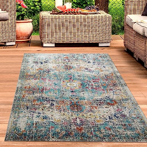 CARPETIA Teppich im Vintage-Style mit orientalischen Verzierungen | drinnen & draußen | bunt, 140 x 200 cm