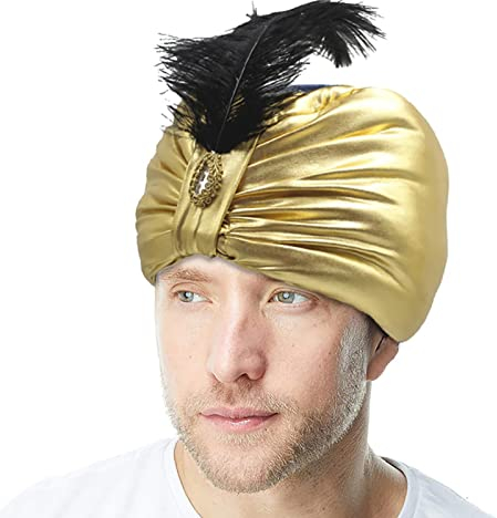 Teksome Metallischer Turban - Vintage Sultan Kopfbedeckung Hut - Neuartiges arabisches Kostümzubehör mit Feder-Edelstein für Erwachsene, Teenager, Männer und Frauen, Halloween, Ostern