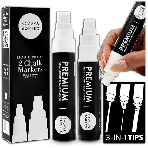 Große weiße abwischbare Kreidemarker, 2 Stück – 10 mm und 15 mm breite Spitze – dicke Kreidetafel-Marker für Kreidetafeln – helle Tinte, leicht zu löschen – perfekt für Bistro-Kreidekunst oder Tafel