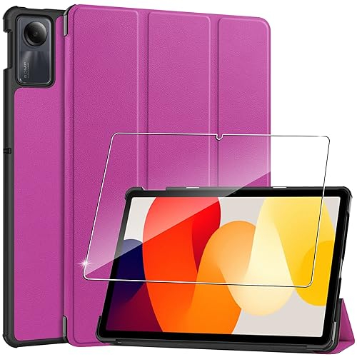 Heioloo Custodia per Redmi Pad SE Cover in Pelle PU Case, + [1 Pezzi] Vetro Temperato Pellicola Protettiva [Auto Svegliati/Sonno] [Ultra Sottile] [Supporto Funzione ] [Anti-Scratch] Viola