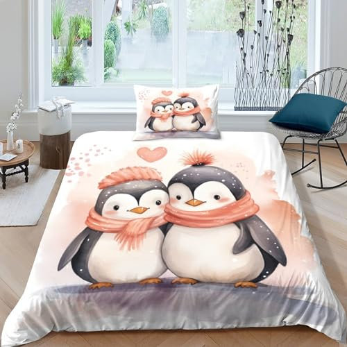 Pinguin Bettbezug Set Jungs Kinder Cartoon Bettwäsche Set 3D Betten Set Mit Reißverschluss Sanft Mikrofaser 2 Teilig Kissenbezug Kinder Kids Single(135x200cm)
