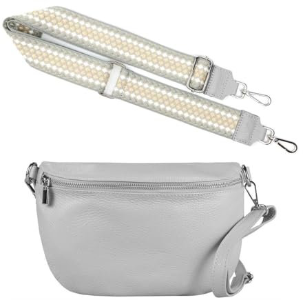 Made in Italy OBC Damen Set Gürteltasche + Schultergurt Leder Crossbody Hüfttasche Bauchtasche Umhängetasche Brusttasche Crossover Bodybag Schultertasche Handy Geldtasche Tasche Grau M Gürtel