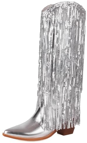 Roimaash Moda Frangia Stivali Cowboy Mid Calf per donne Tacco Medio Stivali Cowgirl Stivali Western Studed Wide Calf Vintage Metà Stivaletti Patent Silver Plus Size 48