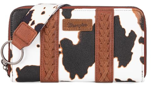 Wrangler Wallet Purse for Women Western Aztec Clutch Wristlet Wallet with Credit Card Holder, X-Cow Print Brown, One Size, Trendy