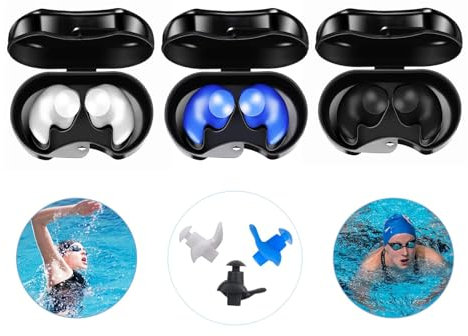 Kaiperala 3 Pair Silicone Swimming Ear Plugs, Soft Waterproof Swim Earplugs, Reusable Adults Ear Protectors for Swimming, Showering, Surfing, Snorkeling, Black, Blue, White
