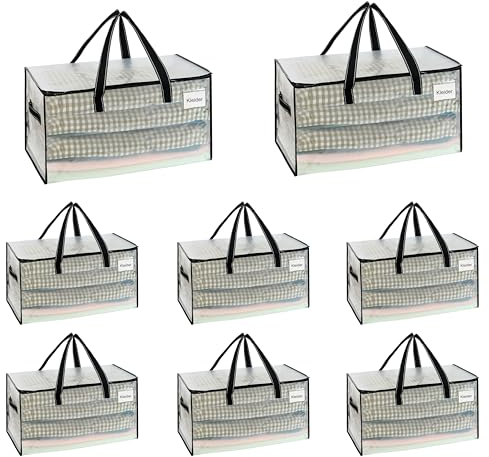 VENO Umzugstaschen 8 Stück Aufbewahrungstasche mit Griffe und Reißverschlüssen, Kleideraufbewahrung Umzugskartons, Faltbare Aufbewahrung Boxen,Wasserdichte Transporttasche (Transparent, 8er-Pack)
