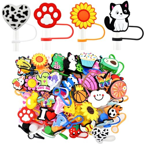 Gibleitz Random Different Straw Cover Caps for Tumbler Cup,100PCS Mixed Cute Dringking Straw Toppers,10mm Dust-Proof Reusable Straw Tips Lids,Bulk PVC Straw Protector for Party Gifts