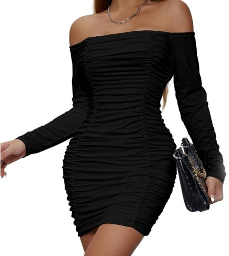 Belriviere Womens Sexy Mini Dress Bodycon Ruched Off The Shoulder Long Sleeve Short Dresses for Party Night Out Clubwear L Black