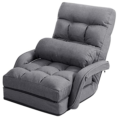 RELAX4LIFE Klappsofa klappbar, Bodensofa Schlaf- & Liegefunktion, Einzelsofa mit Armlehne & Rückenkissen, Klappsessel verstellbar, Bodenstuhlsofa gepolstert, Liegesessel Haus & Büro (Grau)