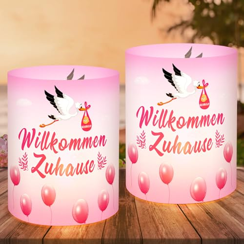 LOHAME 12 Stk Windlicht Tischdeko Willkommen Zuhause Rosa Storch Geburt Baby Windlichter Babyparty Tisch Deko Welcome Home Baby Dekoration Geeignet für Kerzen order Teelichter Baby Mädchen Kleinkinder