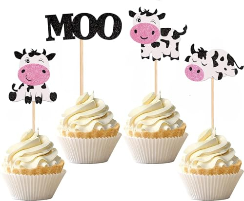 24 Piezas Decoración de Tarta Vaca Lechera, Cupcake Topper Vaca Lechera, Decoración de Pasteles Vaca Lechera, Adornos para Tartas Vaca Lechera, Decoracion Cumpleaños Tarta para Infantil
