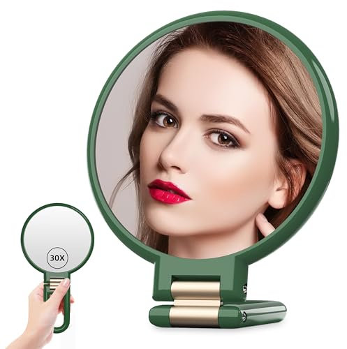 Auxmir Vergrößerungsspiegel 30X/1X Vergrößerung, Faltbar Kosmetikspiegel Handspiegel mit Griff, Doppelseitig Schminkspiegel 360° Drehbar, Tragbar Spiegel für Friseur, Rasieren, Makeup, Grün