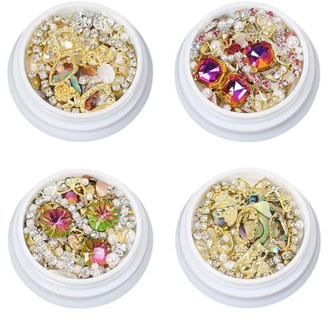 4 Boxes 3D Nail Art Rhinestones Mixed-Style Charms Diamonds Decorations Pearl Gems Crystals Metal Supplies for Women Girls DIY Nail Design