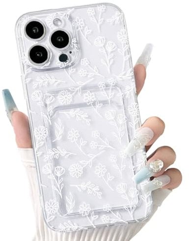 NITITOP Compatible with iPhone 14 Pro Max Case Clear with Card Holder Cute Flower Floral Leave Pattern for Women Girl Soft TPU Shock-absorbing Wallet Case Protective Phone Cover - White
