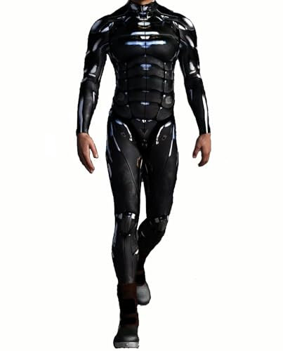Koongso Men's Robot Superhero Halloween Costume Jumpsuit, Unisex Adults Onesie 3D Black Superhero Battle Suit Skinny Catsuit Robot Cosplay Zentai Bodysuit