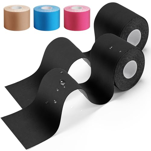 HONYAO Kinesiology Tape 2 Rolls, Sports Tape (5m×5cm), Physio Tape for Shoulder, Back, Elbow, Wrist, Shin, Ankle, K Tape Breathable Waterproof Skin Friendly, Support Muscle Tape, KT Tape Black