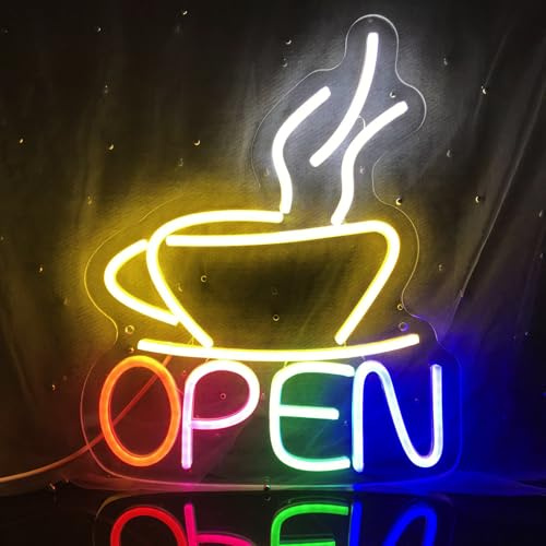 Coffee Cup Open Neon Signs LED Neon Light Sign USB Power for Wall Decor Neon Coffee Sign for Aesthetic Bistro Cafe Restaurant Kitchen Shop WindowWelcome sign(14.17*11.81)