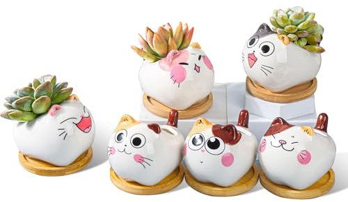 T9TDCS Succulent Pots with Drainage 3.6 Inch Mini Cat Pots for Plants Tiny Animal Planter Small Ceramic Air Plant Flower Pots, Pack of 6