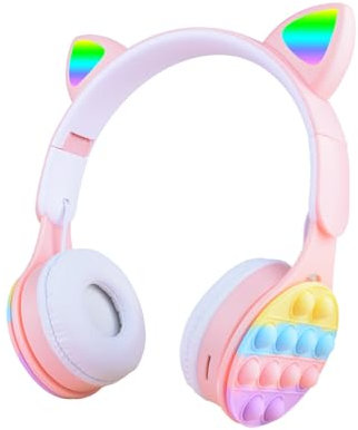 URIZONS Bluetooth Kopfhörer Rainbow Pop-On-It Kabellose Katzenohren - Wireless Kopfhorer mit LED-Beleuchtung, Faltbares TWS Stereo Headset (Leuchtende Ohren) Drahtlose Over-Ear Gaming-Ohrhörer (Pink)