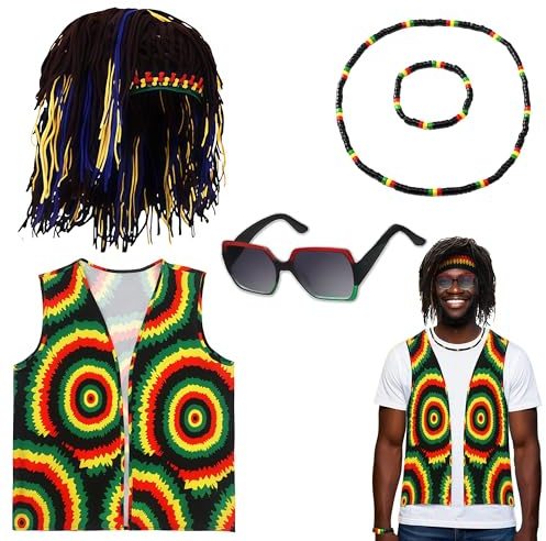 5 Stück Rasta Kostüm Zubehör Set, Jamaika Reggae Outfit Kit mit Dreadlocks Perückenkappe BatikfärbungT-Shirt Rasta Sonnenbrille Halskette Geflochtene Armband für Männer Frauen Karneval Cosplay Party