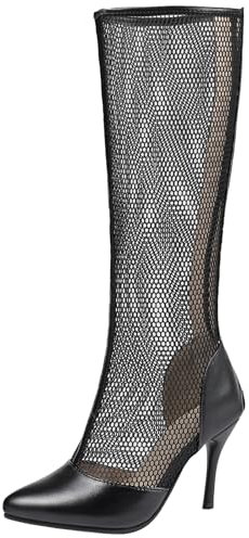 XIEPP Stivali estivi da motociclista da donna con punta a punta, alti al ginocchio, con tacco a spillo, Nero , 43 EU