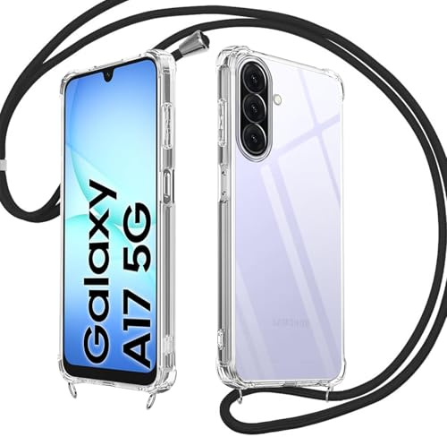 E-Lush Handyhülle für Samsung Galaxy A17 5G Hülle mit Band, Transparent Silikon Handykette für Samsung A17 5G Schutzhülle mit Kordel Abnehmbar, TPU Cover zum Umhängen Necklace Halskette, Schwarz