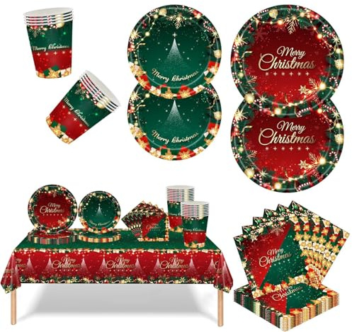69 PCS Set di Stoviglie di Natale, Stoviglie per Feste Natalizie, Set di Stoviglie per Feste di Buon Natale, 16 Ospiti, Piatti di Carta, Tovaglioli di Carta, Tovaglioli