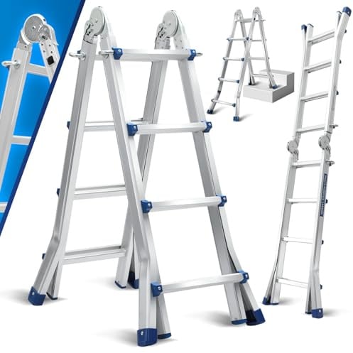Cecaylie Mehrzweckleiter 402cm 4x4 Sprossen Teleskopleiter 3 in 1 Aluleiter Multifunktionsleiter Klappleiter, Anlegeleiter Bockleiter Schiebeleiter beidseitige Steh und Treppenleiter