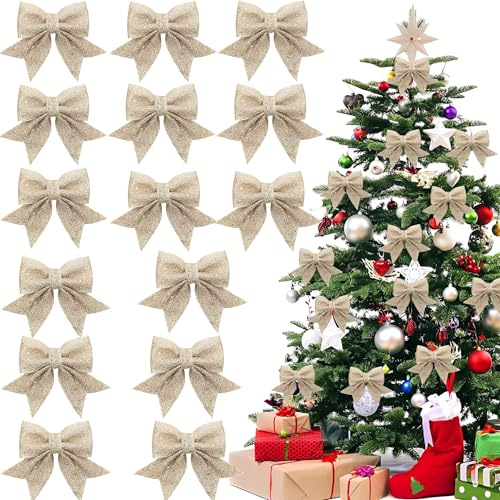 15 Stück 12x15cm Weihnachtsschleifen,Schleifen Weihnachtsbaum Champagner,Weihnachtsbaum Deko Schleifen,Glitzer Schleifen Weihnachtsbaumschmuck,Weihnachten Schleifen für Weihnachtskranz Geschenke Deko