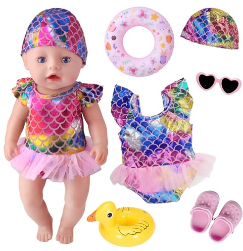 6 Stück Badeanzug für 14-18 Zoll Puppen, Laser Pink Schwimm-Set mit Fischschuppen Puppenbadeanzug Hut Schwimmring Sonnenbrille Schuhe Entenspielzeug puppenkleidung für 43cm New Born Baby Schwimmpuppe