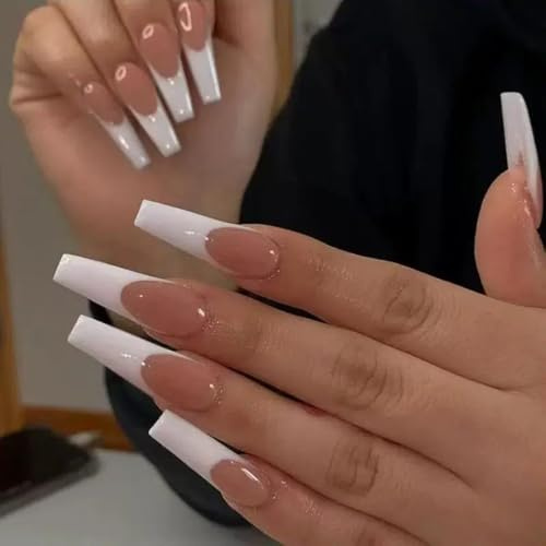 Xonojun 24 Pcs Faux Ongles French Manicure, Faux Ongles Français Blanc et Rose Longs Coffin, Press-on Nails avec Colle, Kit Faux Ongle Français Mariage Noël Saint-Valentin