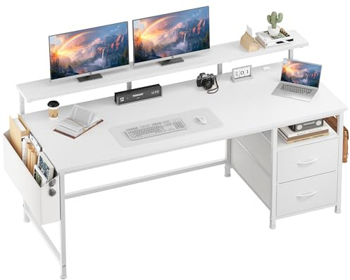 Klyvvo 140x48 cm Rechteckig Schreibtisch für Studieren, Homeoffice, Gaming | Ergonomisch Computertisch mit 2 Schubladen, 1 Hängeorganizer, Monitorständer, Kabeltüllen, 3-Verstellbare Höhe, Weiß