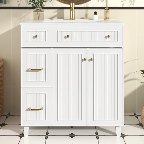 KOMHTOM Meuble de Salle de Bain avec, 2 Tiroirs, Poignée Métal et Étagère - 82 x 47 x 90cm Lavabo Simple Moderne - Armoire de Rangement en Bois (Blanc)