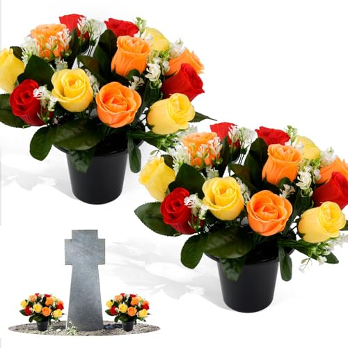 Maxmoc 2 Pack Artificial Grave Flowers with 25cm Pots for Graveside | 12 Roses in Yellow, Orange and Red,Silk Flowers for Graves , Ideal for Outdoor Cemetery, Funeral, and Memorial Decoration
