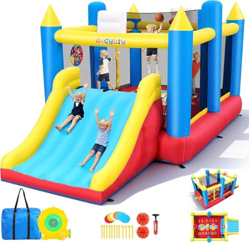 AKEYDIY Hüpfburg für Kinder von 3-12 Jahren, 4,6 x 2,5 x 2,1 m, mit großer Hüpffläche, extra breiter Rutsche, 2 Basketballkörben, abnehmbarem Volleyballnetz (Große Rutschen-Upgrade)