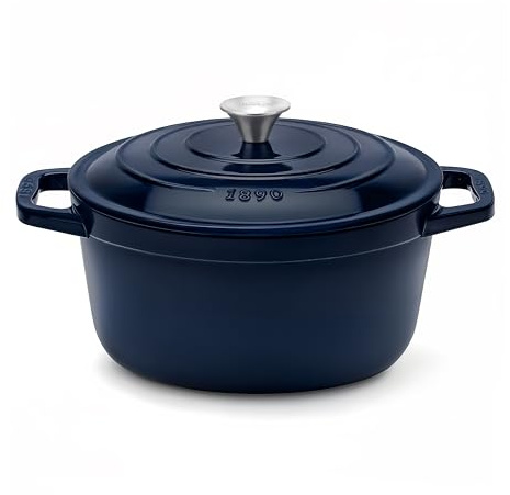 La Fonderie 1890 Pentola rotonda in ghisa smaltata 22cm ALMA22, capacità 3,3 L, compatibile con induzione, gas, elettrico, grill e forno, coperchio in ghisa, ideale per stufare e arrostire, blu navy