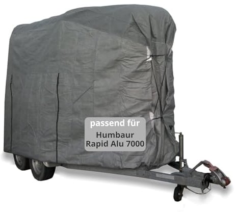 Car-e-Cover Pferdeanhänger-Abdeckung passend für Humbaur Rapid Alu 7000 | 4-Lagen Vlies, innen weich, UV-beständig, Grau, Gummizug & Doppelnaht, 2 Nylon-Spanngurte, Reißverschluss hinten
