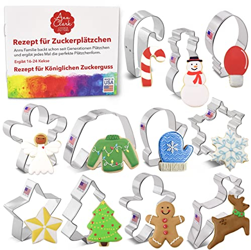 Ann Clark Cookie Cutters Ensemble de 11 emporte-pièces de Noël avec livret de recettes, flocon de neige, arbre de Noël, canne, renne et bien plus encore - Acier de fabrication américaine