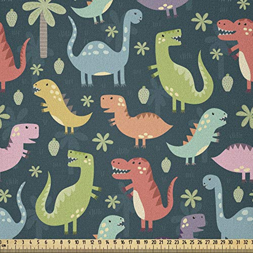 ABAKUHAUS Dinosaurier-Party Stoff als Meterware, Bunter Dschungel, Microfaser Multi Zweck Dekostoff für Kunsthandwerke, 3M (230x300cm), Mehrfarbig