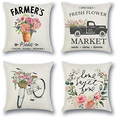 Artscope 4er-Set Dekorativ Kissenbezug 45 x 45 cm, Polyester Leinen Kissenbezüge Dekokissen Kissenhülle Set Kissen Fall für Sofa Auto Schlafzimmer Zuhause Dekor (Frühling - A)