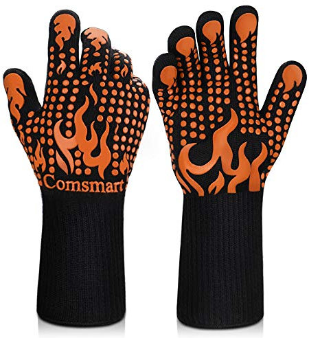 BBQ Handschuhe, 800 Grad Celsius Hitzebeständige Grillhandschuhe Silikon rutschfeste Ofenhandschuhe Lange Küchenhandschuhe zum Grillen, Kochen, Backen, Schweißen, Schneiden (M, Orange)