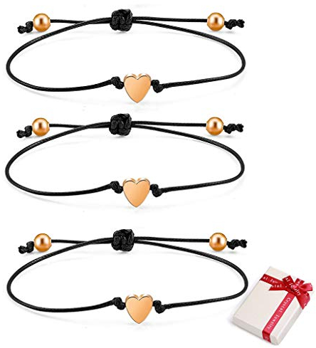 Feelairy 3 Stück Herz Armband Damen Rosegold Freundschaftsarmband Herz Seil Armbänder, Verstellbar Schnur Armband Handgemacht Geflochten Armbänder Schmuck Geschenke für Beste Freundin Schwestern