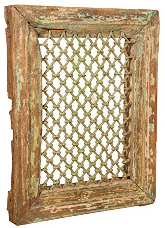 Fenstergitter aus Massivholz und Eisen antik und alt mit Rahmen für Innen oder Außen L72 x PR10 x H92 cm