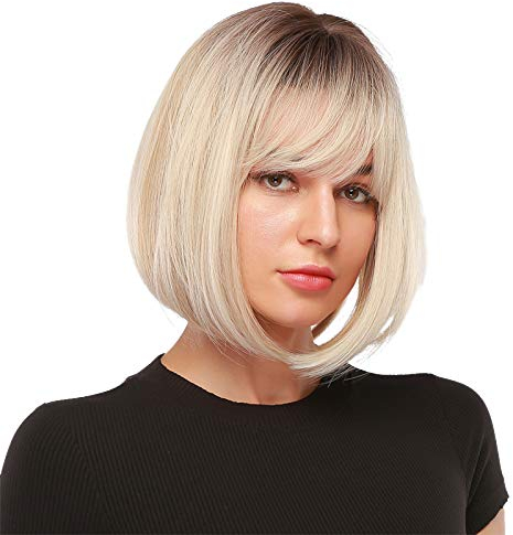 EMMOR Kurze blond Perücke für Frauen, natürliches Kunsthaar Ombre Bob Perücken mit Pony Dark Root für Alltag/Party/Cosplay (14 Zoll, Platin blond)