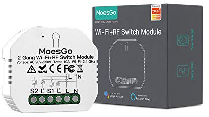 MoesGo Interruptor Wifi Inteligente conmutador Inalambrico Rele Módulo Alexa Control Remoto y RF433 para Interruptores de 2 Gang y 1/2 Way, compatible con la app Smart Life Tuya Alexa Google Home